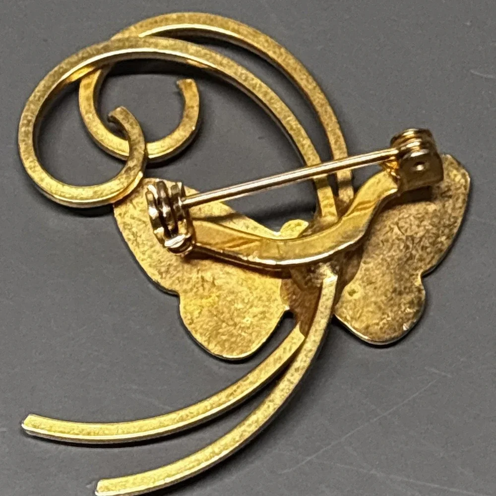 Butterfly Brooch Pin Gold Tone Black Enamel Swirl Design Costume Jewelry Fashion